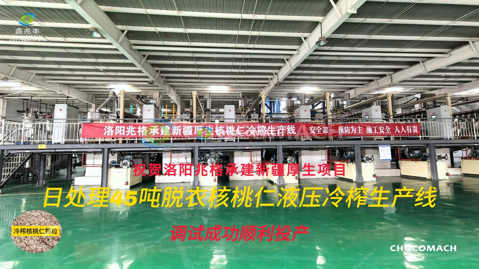 热烈祝贺洛阳兆格环保承建新疆厚生温宿产业园日处理45吨脱衣核桃仁连续液压冷榨生产线调试成功顺利投产